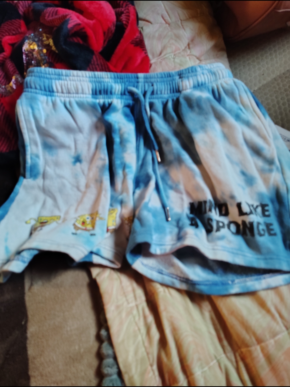 Tie-Dye Blue Sponge Shorts with Cartoon Graphic